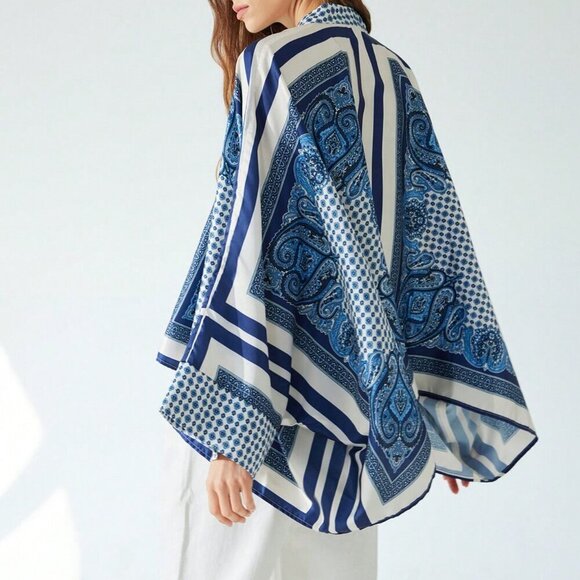 Multicolor Casual Women's Color Block Print  Cuff & Hem Design Blouse - Picture 5 of 5